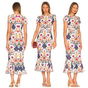 RHODE Lulani Midi Dress Harmony Print Size 6 Trumpet Ruffle White